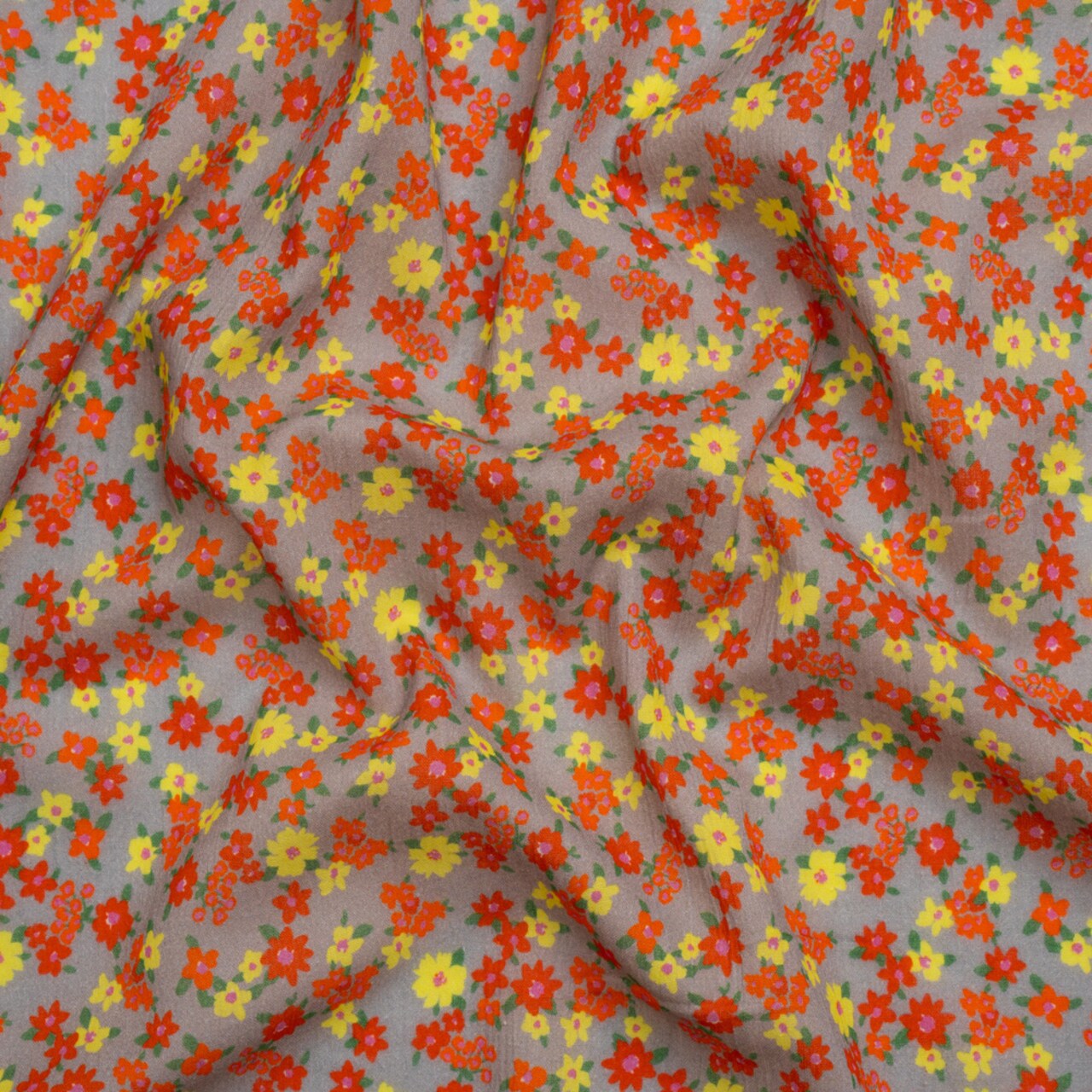 1 Yard Crinkled Cotton and Gauzy Woven Print in Red, Yellow and Gray Floral Little Lillies